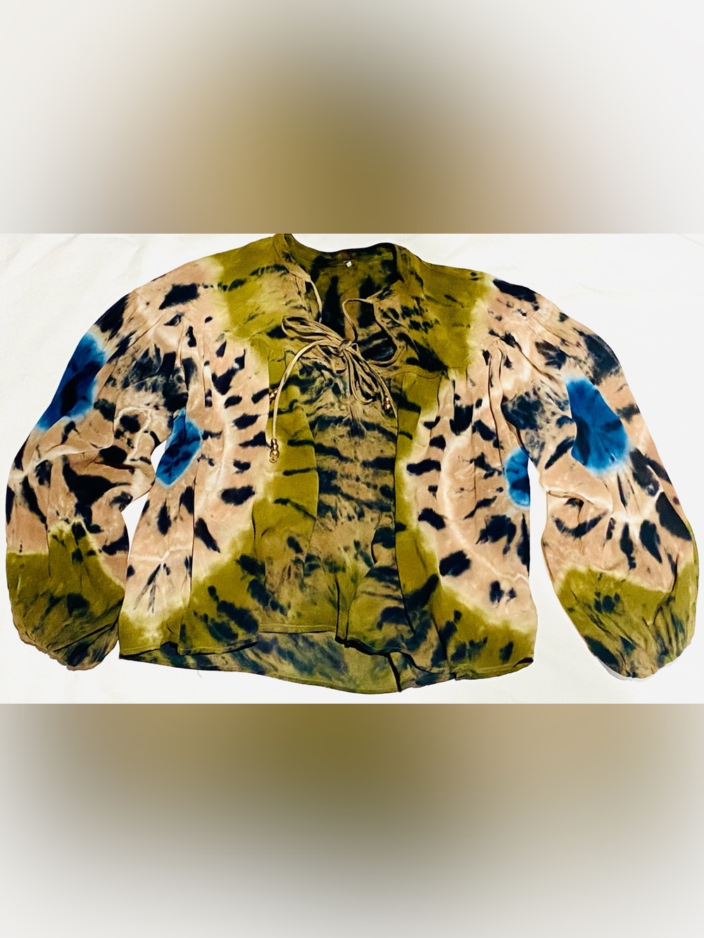 Young Fabulous & Broke YFB Olive Black Mixed Color Tie-Dye Lace-Up Blouse Sz. XS